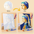 Before and after of a Masterpiece Remix mini paint by numbers canvas