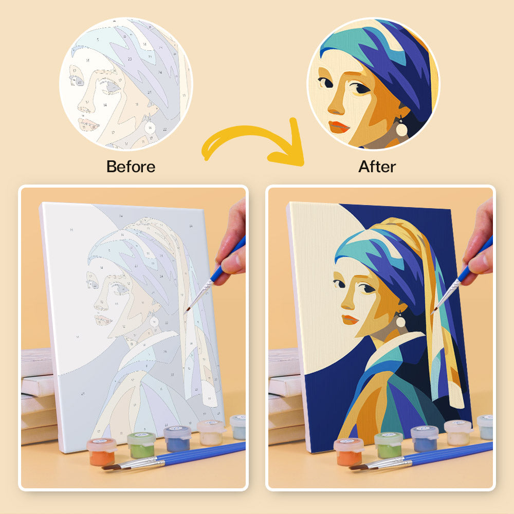 Before and after of a Masterpiece Remix mini paint by numbers canvas