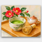 Matcha and Camellia paint by numbers kit of a green matcha bowl, bamboo whisk and teapot on a wooden tray with red camellias