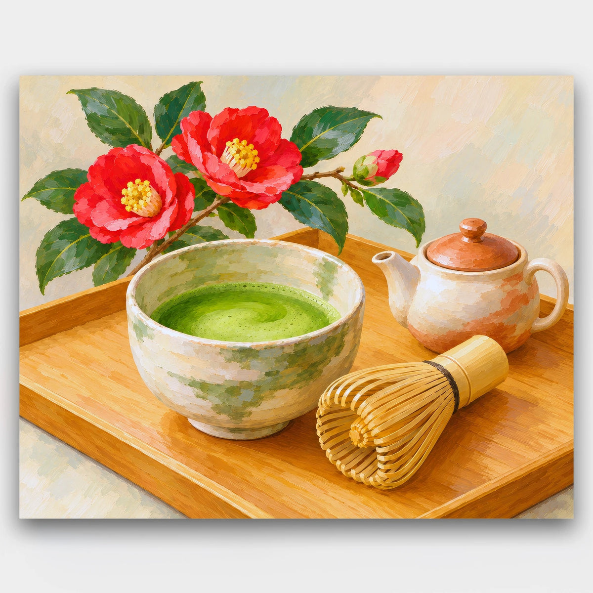 Matcha and Camellia paint by numbers kit of a green matcha bowl, bamboo whisk and teapot on a wooden tray with red camellias