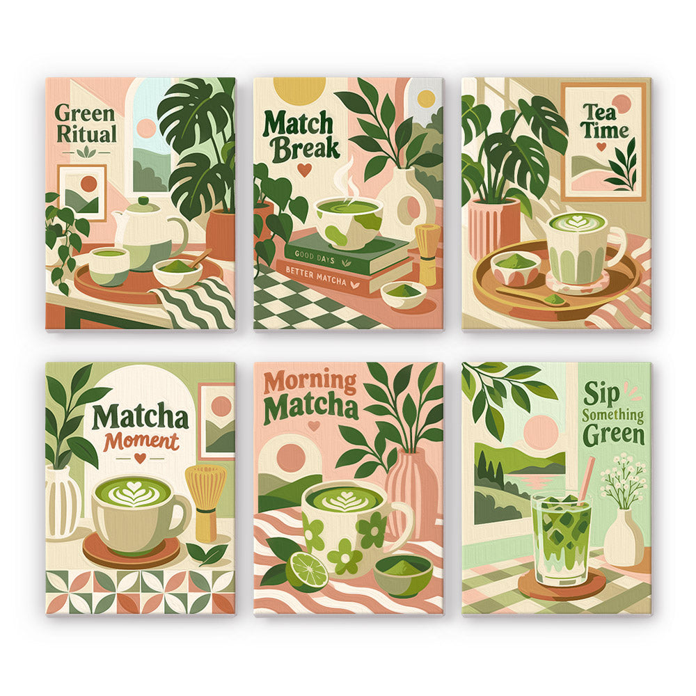 Matcha Moments mini paint by numbers set: six designs of matcha lattes, whisks, tea bowls and plants with cozy lettering