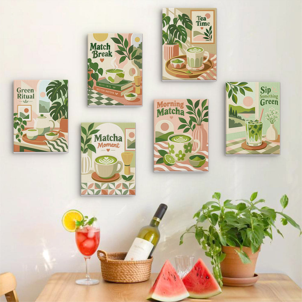 Six finished Matcha Moments mini paintings hung on a wall above a table