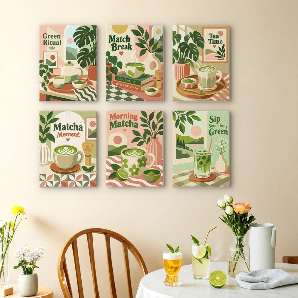 Matcha Moments mini paintings displayed as a gallery wall in a sunny kitchen