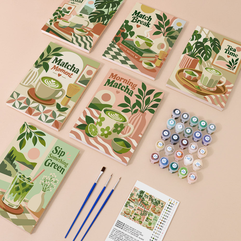 Matcha Moments mini paint by numbers kit with six numbered canvases, acrylic paints, brushes and layout
