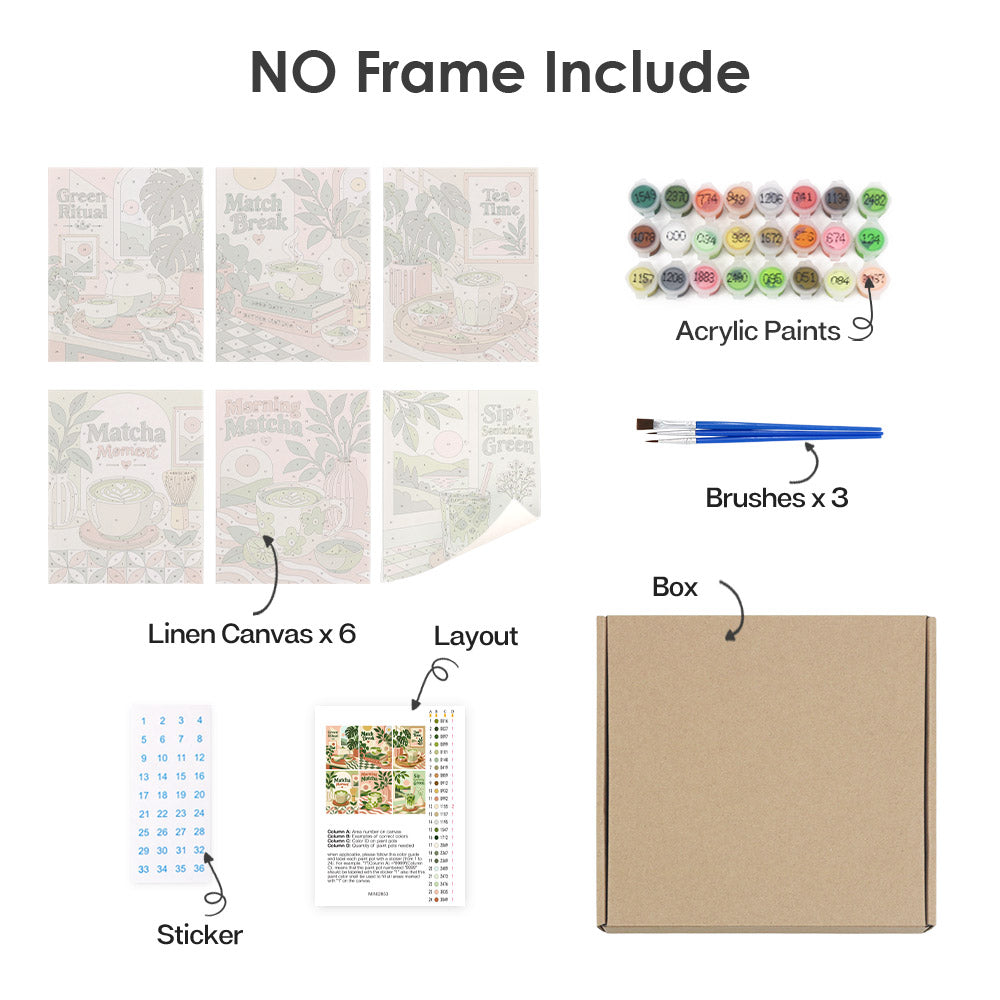 What's included without a frame: six rolled Matcha Moments mini canvases, acrylic paints, three brushes and layout
