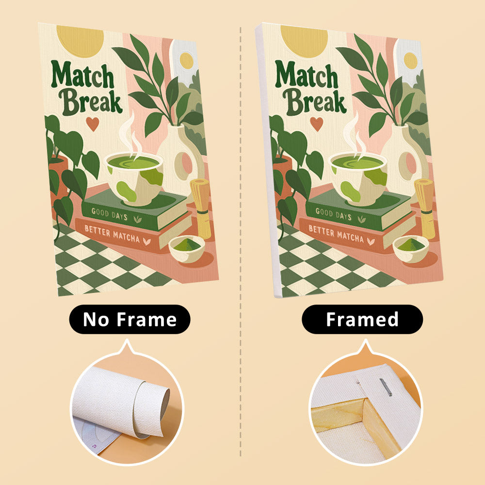 Matcha Moments mini canvas shown rolled without a frame and pre-stretched on a frame
