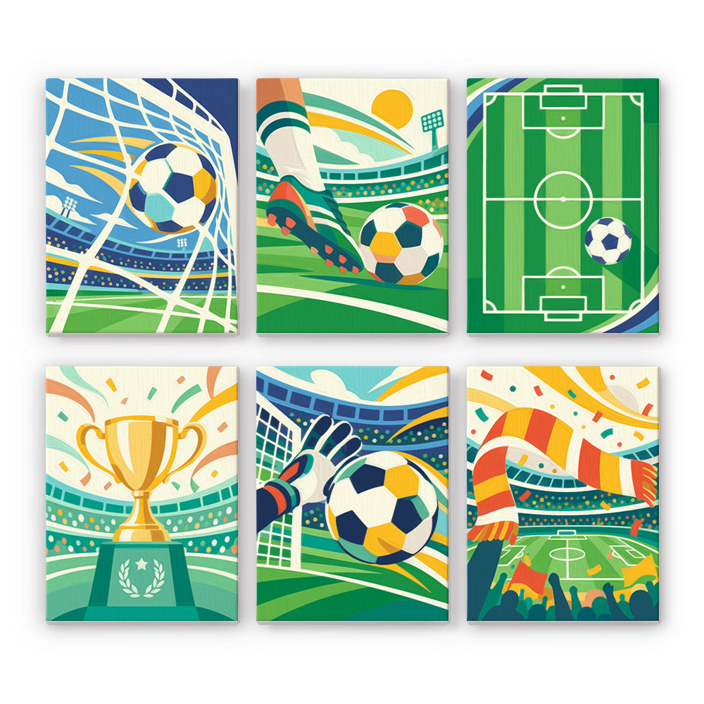 Matchday Magic mini paint by numbers set: six soccer designs of a goal, a kick, a pitch, a trophy, a save and cheering fans