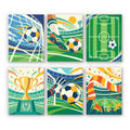 Matchday Magic mini paint by numbers set: six soccer designs of a goal, a kick, a pitch, a trophy, a save and cheering fans