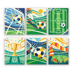 Matchday Magic mini paint by numbers set: six soccer designs of a goal, a kick, a pitch, a trophy, a save and cheering fans
