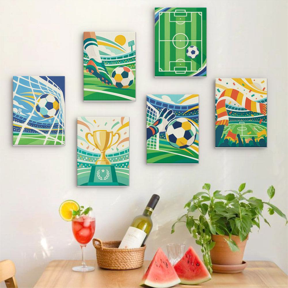 Six finished Matchday Magic mini paintings hung on a wall above a table