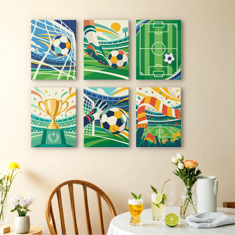 Matchday Magic mini paintings displayed as a gallery wall in a sunny kitchen