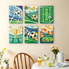 Matchday Magic mini paintings displayed as a gallery wall in a sunny kitchen