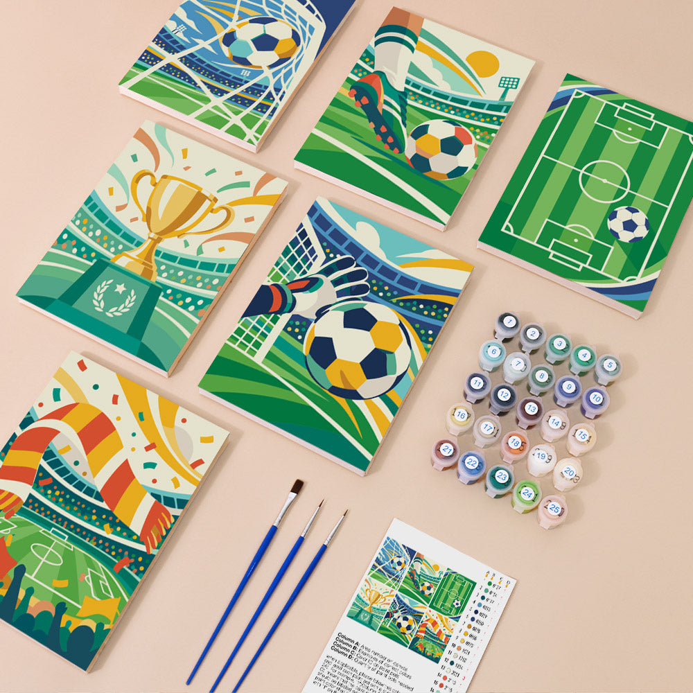 Matchday Magic mini paint by numbers kit with six numbered canvases, acrylic paints, brushes and layout