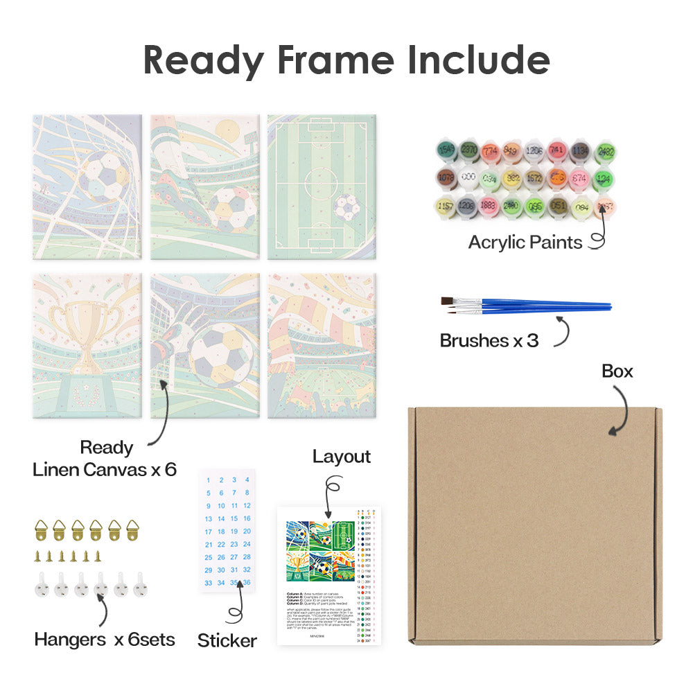 What's included pre-stretched on frame: six framed Matchday Magic mini canvases, paints, three brushes, hangers and layout