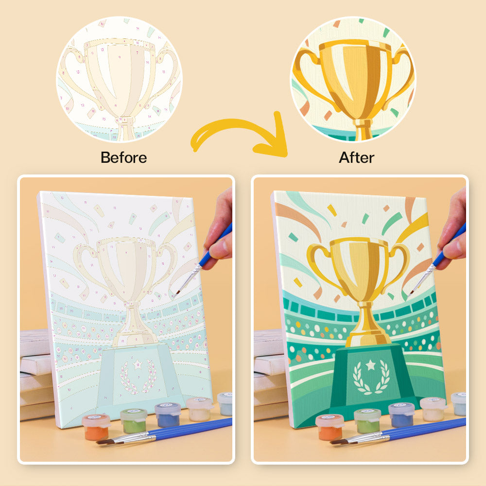 Before and after of a Matchday Magic mini paint by numbers canvas