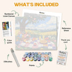 What's included in the Meadow Picnic paint by numbers kit: numbered linen canvas, reference sheet, color guide, 24 acrylic paints, 3 brushes and thank you card