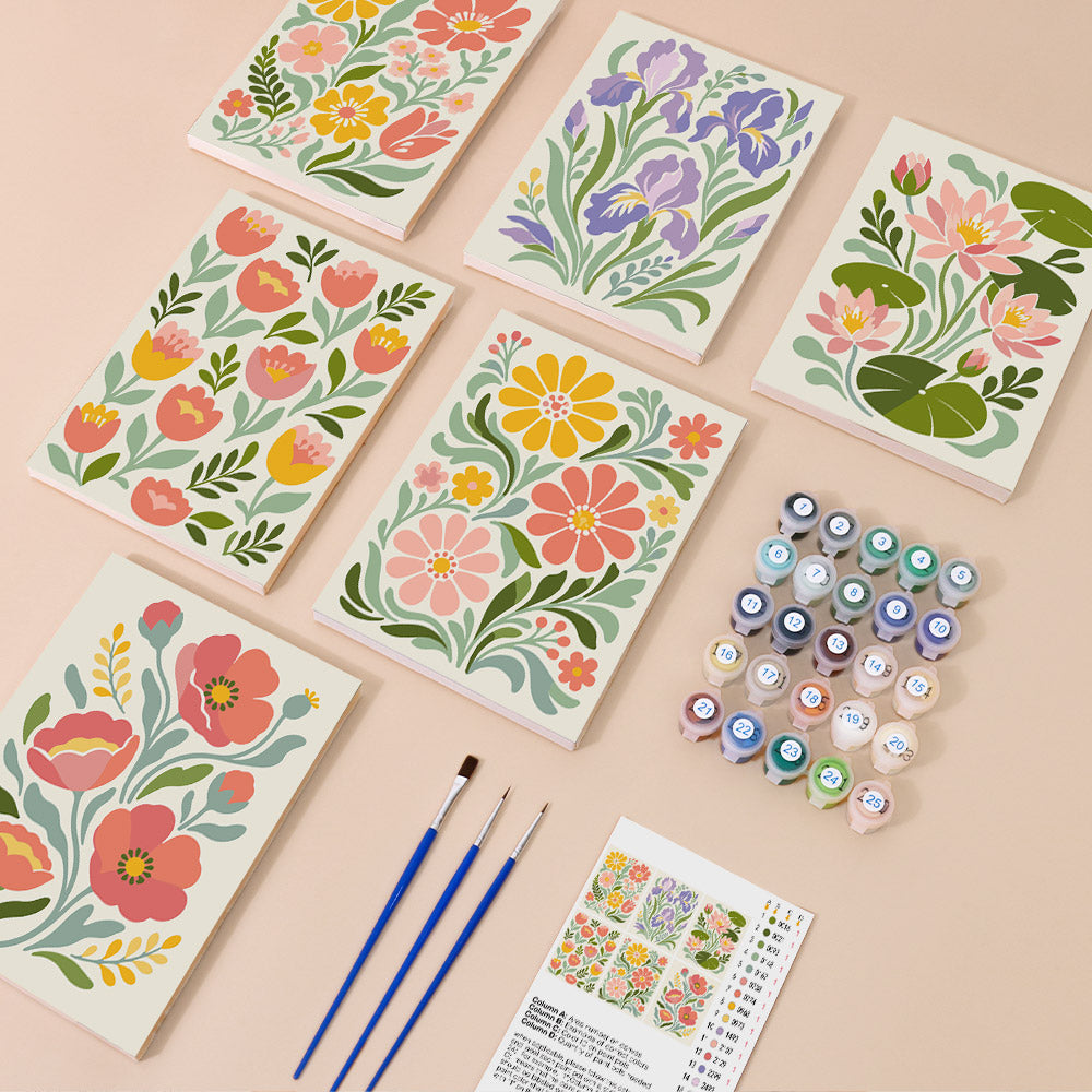 Meadow Tapestry mini paint by numbers kit with six numbered canvases, acrylic paints, brushes and layout