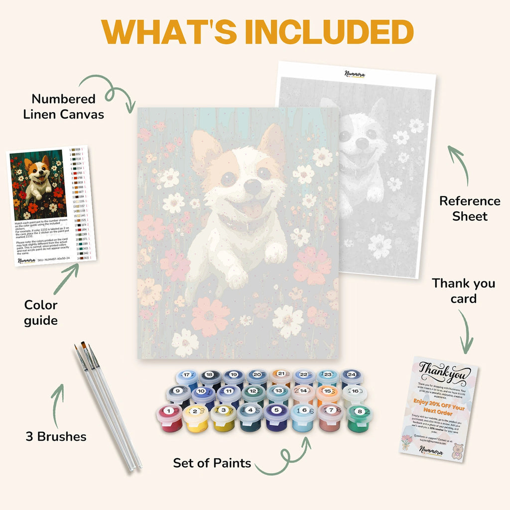 What's included in the Meadow’s Laughter paint by numbers kit: numbered linen canvas, reference sheet, color guide, 24 acrylic paints, 3 brushes and thank you card