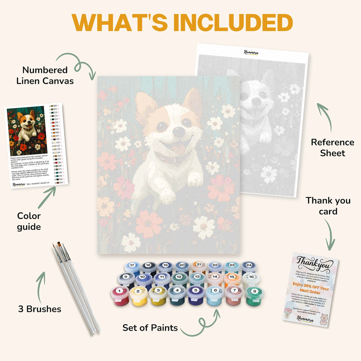 What's included in the Meadow’s Laughter paint by numbers kit: numbered linen canvas, reference sheet, color guide, 24 acrylic paints, 3 brushes and thank you card