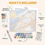 What's included in the Mediterranean Bliss paint by numbers kit: numbered linen canvas, reference sheet, color guide, 24 acrylic paints, 3 brushes and thank you card