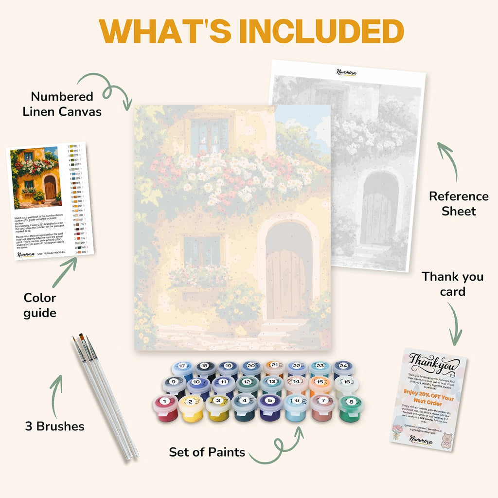 What's included in the Mediterranean paint by numbers kit: numbered linen canvas, reference sheet, color guide, 24 acrylic paints, 3 brushes and thank you card