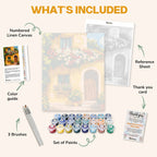 What's included in the Mediterranean paint by numbers kit: numbered linen canvas, reference sheet, color guide, 24 acrylic paints, 3 brushes and thank you card