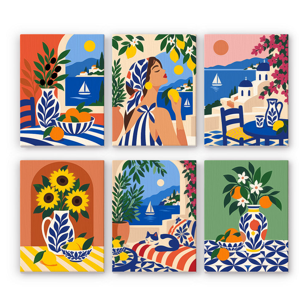 Mediterranean Summer mini paint by numbers set: six designs of blue-and-white pottery, island views, lemons and sunflowers