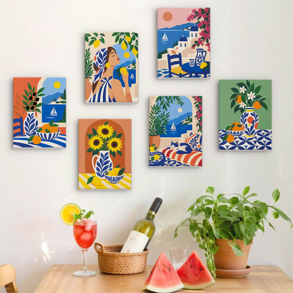 Six finished Mediterranean Summer mini paintings hung on a wall above a table