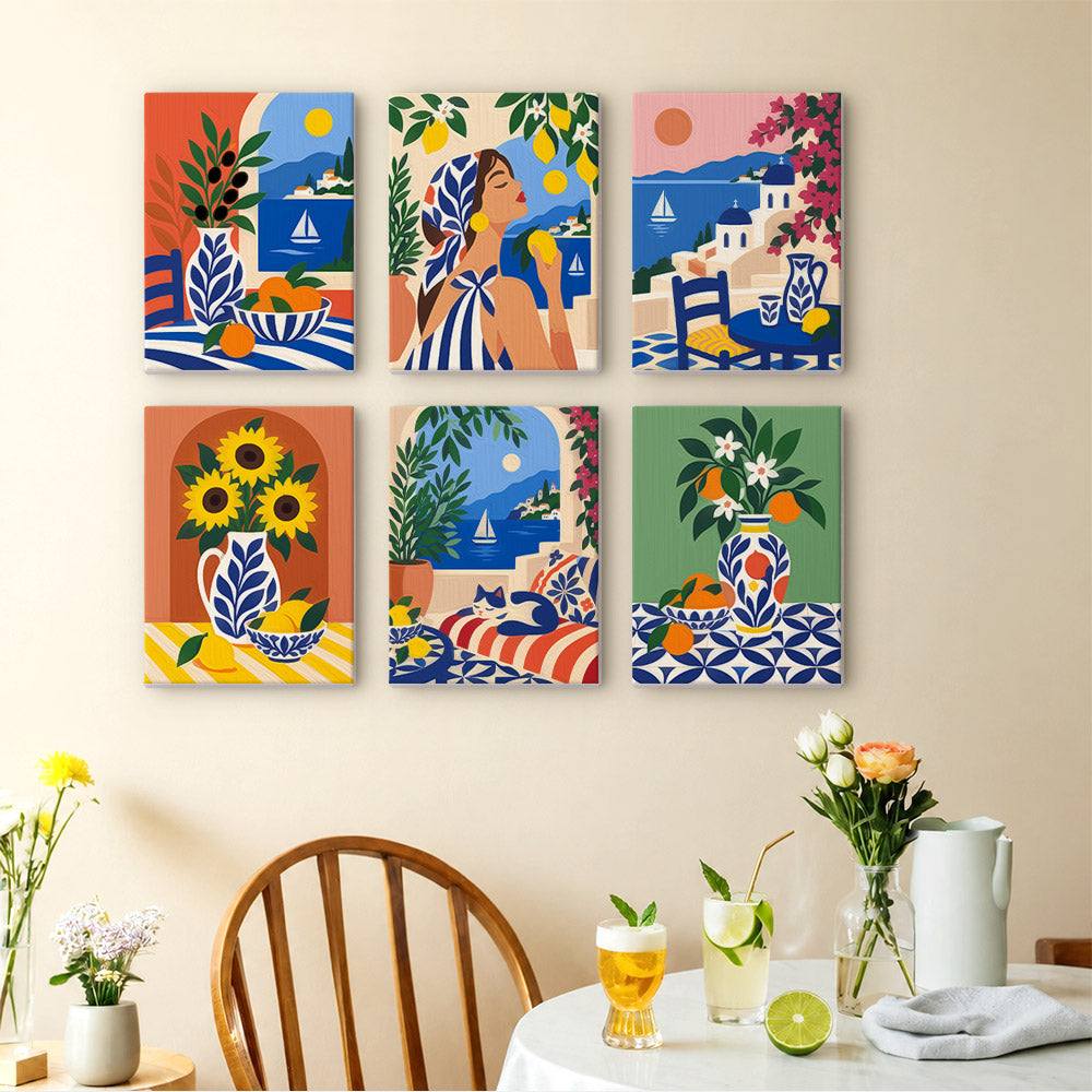Mediterranean Summer mini paintings displayed as a gallery wall in a sunny kitchen