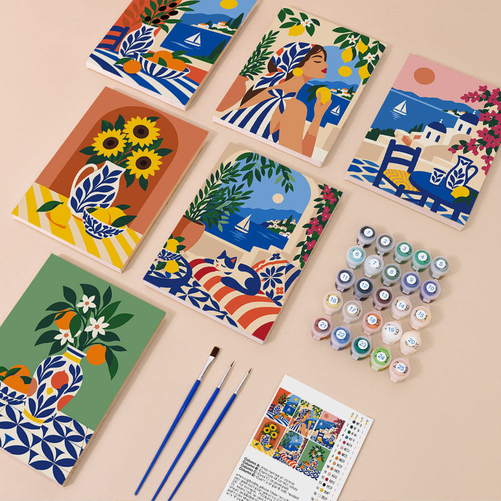 Mediterranean Summer mini paint by numbers kit with six numbered canvases, acrylic paints, brushes and layout