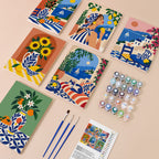 Mediterranean Summer mini paint by numbers kit with six numbered canvases, acrylic paints, brushes and layout