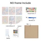 What's included without a frame: six rolled Mediterranean Summer mini canvases, acrylic paints, three brushes and layout