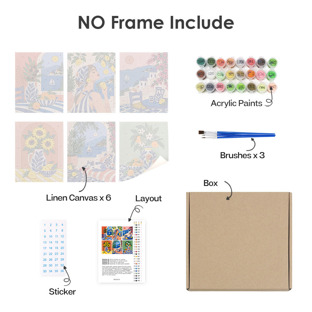 What's included without a frame: six rolled Mediterranean Summer mini canvases, acrylic paints, three brushes and layout