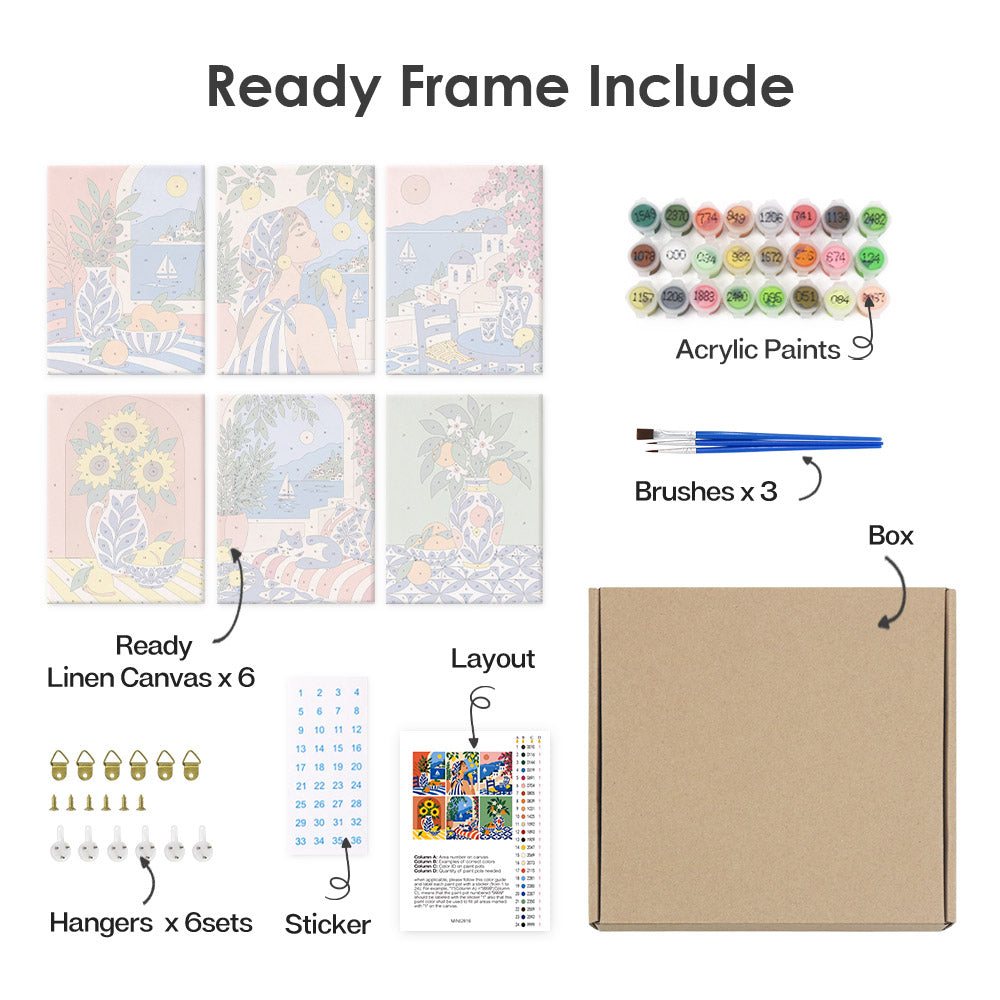 What's included pre-stretched on frame: six framed Mediterranean Summer mini canvases, paints, three brushes, hangers and layout