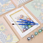 Numbered paint pots and brushes on a pre-stretched Mediterranean Summer mini canvas