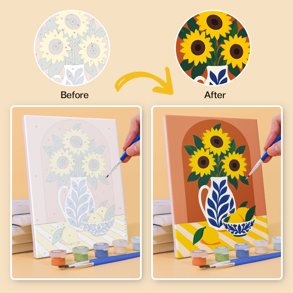 Before and after of a Mediterranean Summer mini paint by numbers canvas