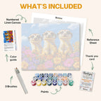 What's included in the Meerkat Trio paint by numbers kit: numbered linen canvas, reference sheet, color guide, 24 acrylic paints, 3 brushes and thank you card