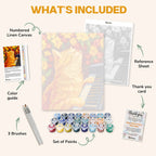 What's included in the Melodies of the Garden Cat paint by numbers kit: numbered linen canvas, reference sheet, color guide, 24 acrylic paints, 3 brushes and thank you card