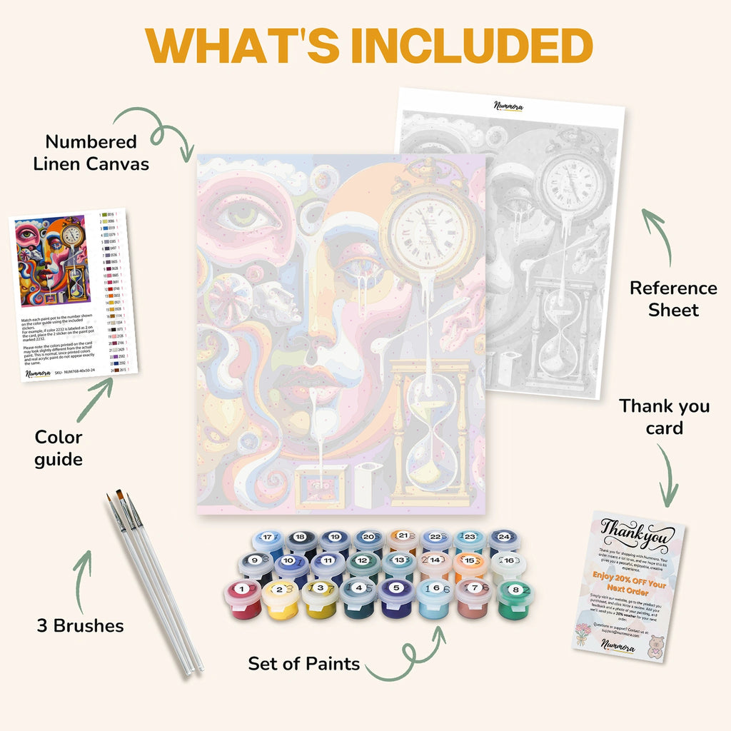 What's included in the Melted Dreams paint by numbers kit: numbered linen canvas, reference sheet, color guide, 24 acrylic paints, 3 brushes and thank you card