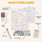 What's included in the Melted Dreams paint by numbers kit: numbered linen canvas, reference sheet, color guide, 24 acrylic paints, 3 brushes and thank you card
