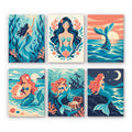 Mermaid Tales mini paint by numbers set: six mermaid scenes in ocean blues and coral, from kelp forests to a moonlit rock