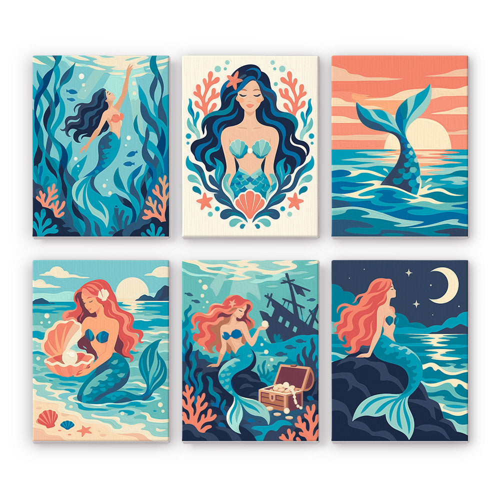 Mermaid Tales mini paint by numbers set: six mermaid scenes in ocean blues and coral, from kelp forests to a moonlit rock