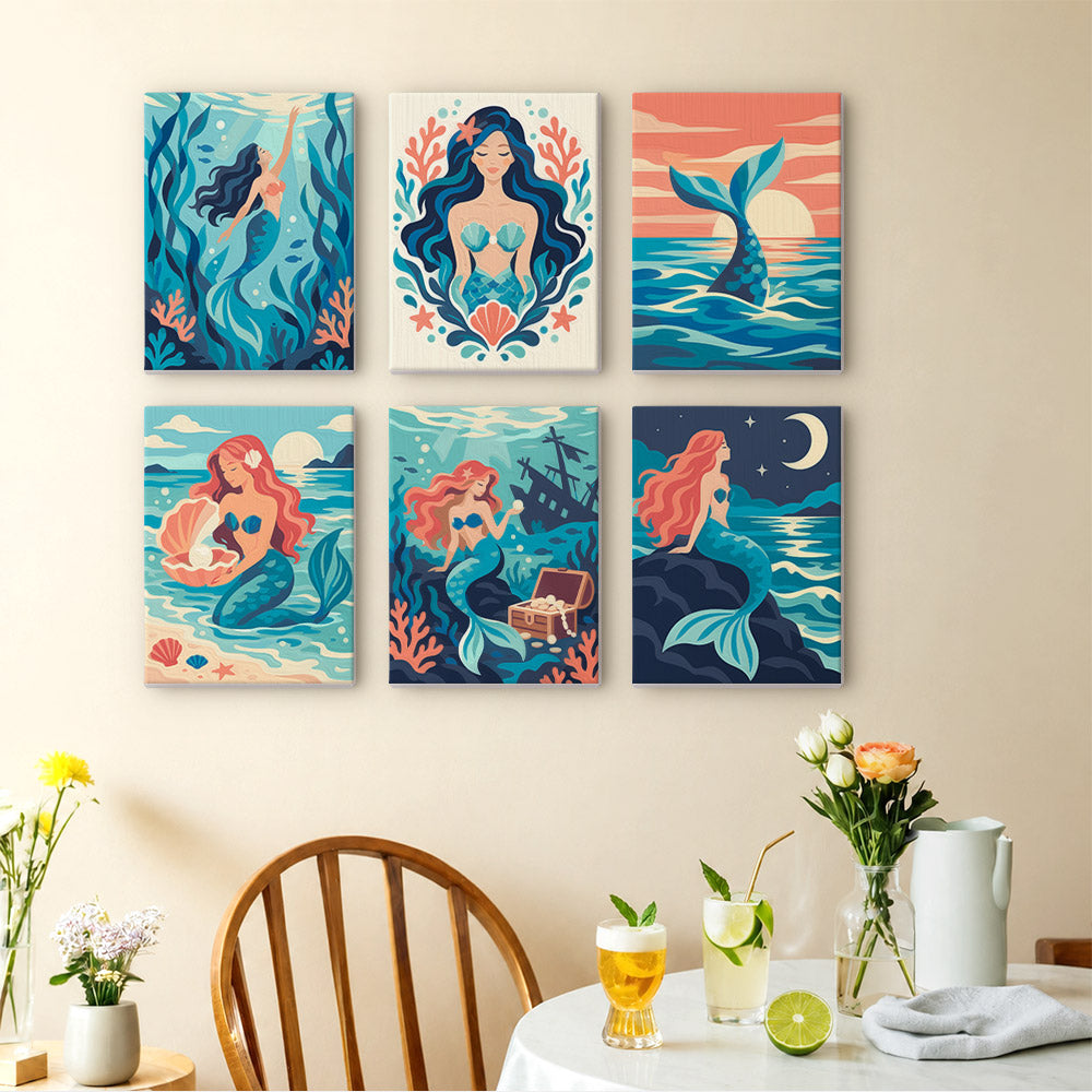 Mermaid Tales mini paintings displayed as a gallery wall in a sunny kitchen