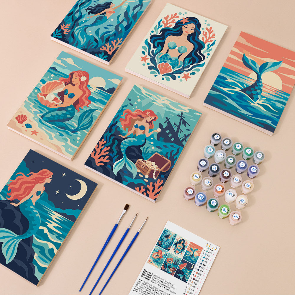 Mermaid Tales mini paint by numbers kit with six numbered canvases, acrylic paints, brushes and layout