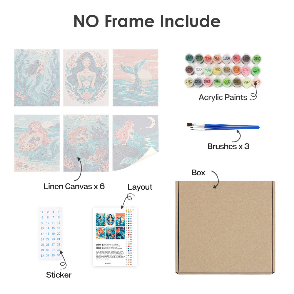 What's included without a frame: six rolled Mermaid Tales mini canvases, acrylic paints, three brushes and layout