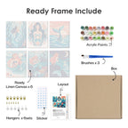 What's included pre-stretched on frame: six framed Mermaid Tales mini canvases, paints, three brushes, hangers and layout