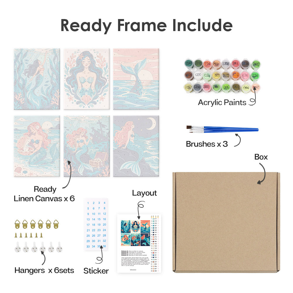What's included pre-stretched on frame: six framed Mermaid Tales mini canvases, paints, three brushes, hangers and layout