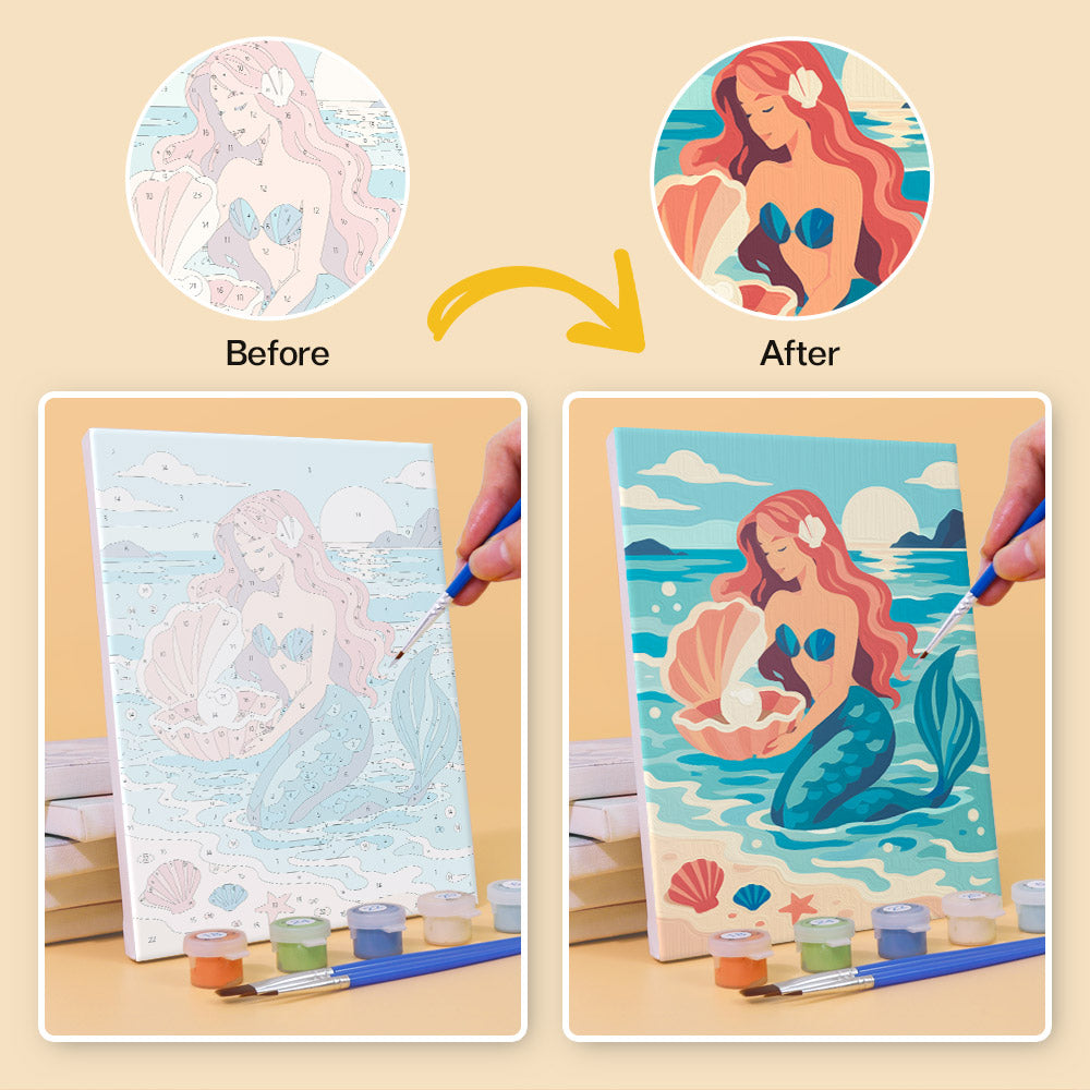 Before and after of a Mermaid Tales mini paint by numbers canvas