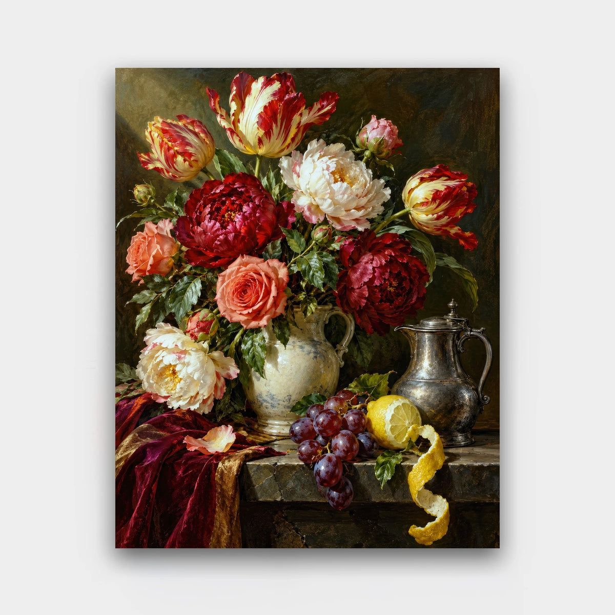 Midnight Bouquet paint by numbers kit of a dark still life of tulips, roses and peonies in a vase with grapes, a lemon and a pewter jug