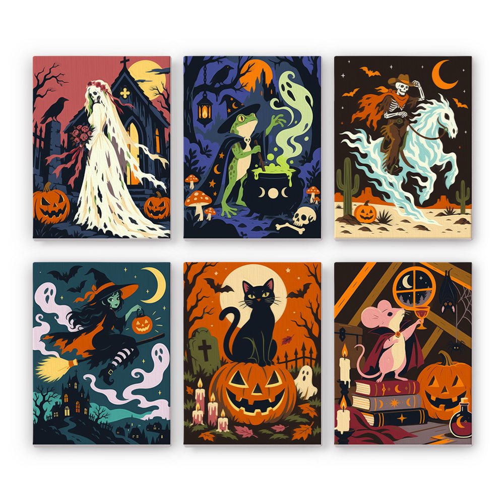 Midnight Folk Tales mini paint by numbers set: six spooky folk-tale scenes with a ghostly bride, frog witch, skeleton rider, flying witch, black cat and candlelit mouse